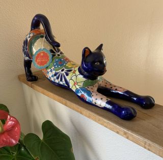 Mexican Pottery Animal Talavera Stretch Cat Figure Folk Art Large Ceramic