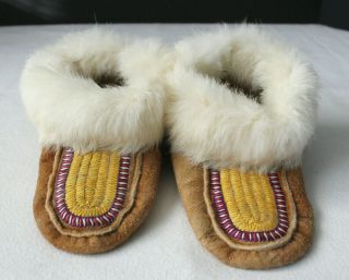 Dene Childs Moosehide Moccasins With Decorative Quillwork And Rabbit Fur