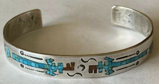 Vintage Navajo Tommy Singer Sterling Silver Turquoise/coral Chip Inlay Cuff