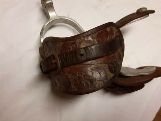 Vintage etched aluminum Renalde spurs with leather straps 3