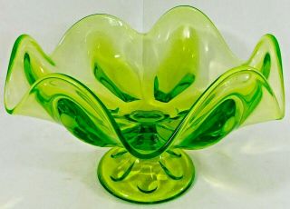 Large 10 " Vintage Green Vaseline Uranium Glass Pedestal Bowl Compote Centerpiece