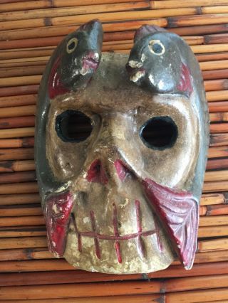 Mexican Folk Art Carved Wood Mask Fish On Skull From Oaxaca México