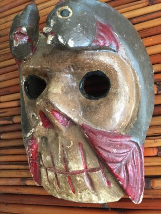 Mexican Folk Art Carved Wood Mask Fish On Skull From Oaxaca México 2