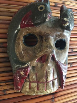 Mexican Folk Art Carved Wood Mask Fish On Skull From Oaxaca México 3