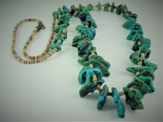 Old Vintage Santo Domingo Pueblo Indian Green & Blue Turquoise Necklace 30 " Long
