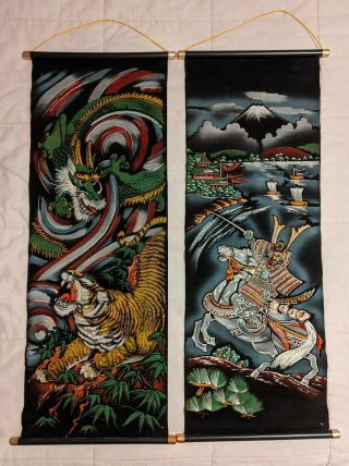 Acrylic On Velvet Oriental Scroll Paintings Tiger & Dragon & Samurai Black Old