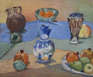 Vintage French Post - Impressionist Oil - Colorful Still Life Fruit & Vases