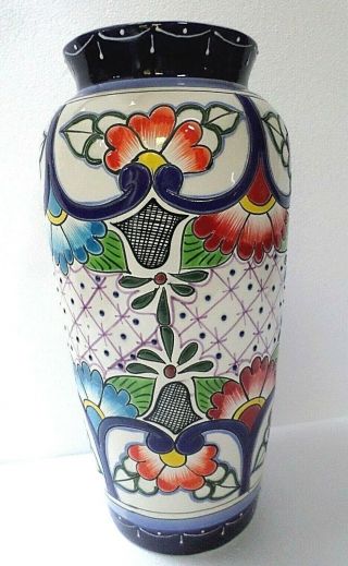 Mexican Folk Art Rare Talavera Pottery Ceramic Bud Tall Vase Cobalt Large 15 "