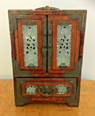 Vintage Asian Wood Jewelry Chest W/jade & Brass Decorations And 4,  Silk Drawers