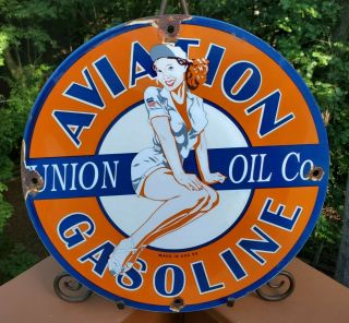 Vintage Porcelain Union Oil Co Aviation Gas And Oil Sign