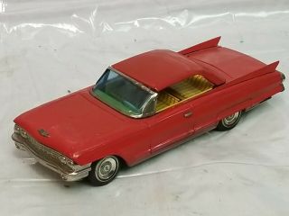 Vintage 1962 Bandai Red Tin Litho Cadillac Friction Drive Car Japan -