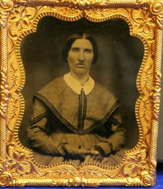 Civil War Era 1/6th Size Tintype Of Older Lady In A Brass Frame