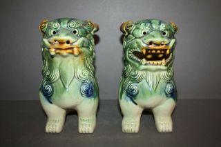 Vintage Chinese Green Ceramic Glazed Foo Dog Statue Figurines 7 "