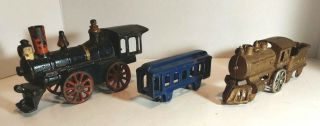 2 Cast Iron Floor Train Engines And 1 Cast Iron Pullman Car