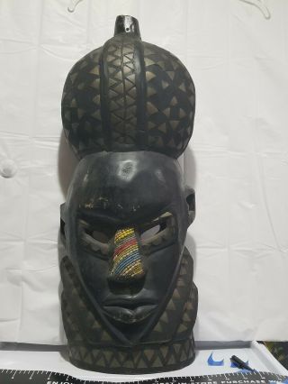 Vtg Wood African Mask 28 " Beads Wall Art Decoration