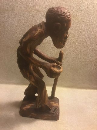 Man Bowl Cane African Carved Wood Folk Art Statue Figure 13” Carving