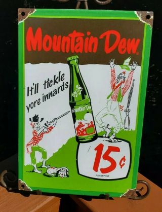 Old Vintage Hillbilly Mountain Dew 15 Cents Porcelain Advertising Sign Soda Pop