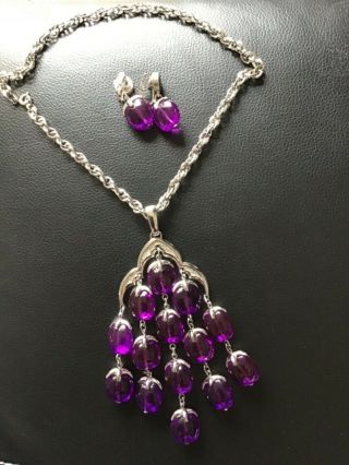 Vtg Crown Trifari Purple Lucite Waterfall Necklace And Earrings Silver Tone