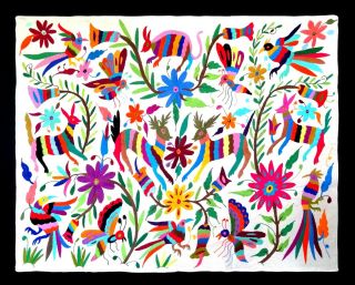 Gorgeous Otomi Embroidered Tablecloth From Tenango De Doria.  Mexican Folk Art