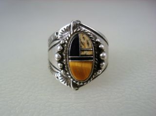 Vintage Navajo Stamped Sterling Silver & Mosaic Inlay Ring Size 7 Signed Lp