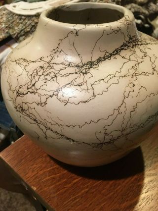 Vintage Navajo Pottery Etched Horse Hair Vase Signed By Artist Vail