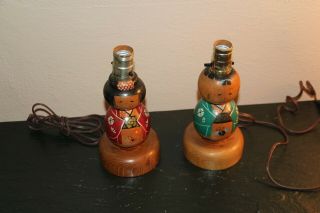 Set Of Vintage Wooden Japanese Kokeshi Doll Lamps