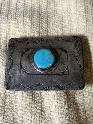 Native American Indian Turquoise Sterling Silver Belt Buckle Signed At 19 Grams