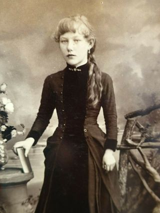 Old Cabinet Photo Pretty Victorian Girl Layered Velvet Dress Long Hair Chicago