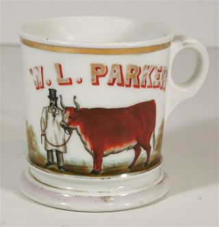 Ca1900 Hand Painted Occupational Shaving Mug Belonging To A Cattleman W/ Cattle