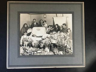 Vintage Mounted Photo.  Post Mortem W/ Large Hispanic Family At Open Casket.