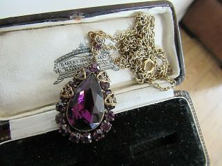 Vintage Art Deco Czech Filigree Jewelery Amethyst Rhinestone Pendant Necklace