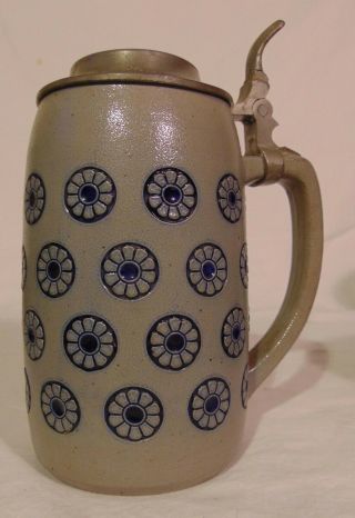 Salt Glaze Stoneware Pottery Beer Mug Stein Blue Daisy Rosette 2012