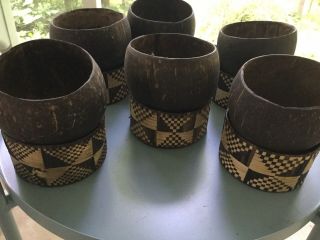 Vintage 1960’s Coconut Tiki Mugs,  Bowls With Woven Over Can Stands,  6