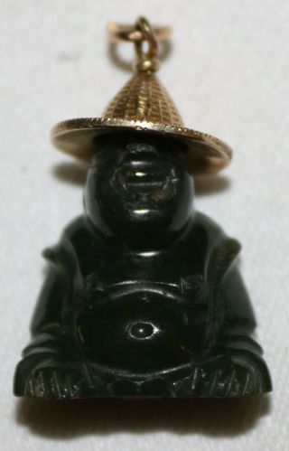 Vintage Jade Buddha Pendant With 14k Solid Gold Hat Made In Hong Kong Ex,