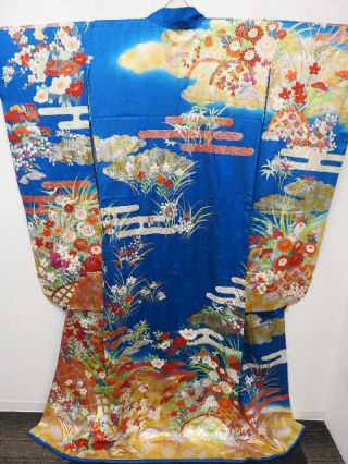 Bridal Blue Silk Japanese Kakeshita Kimono W/ume,  Gold Emb G936