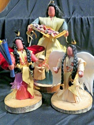 Cherokee Native American Indian Corn Husk Doll Trio Signed Polly Rattler