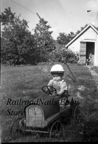 1910s 20s Photo Negative Michigantown Indiana Young Boy Old Pedal Car