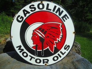 Old Vintage Chief Indian Gasoline Motor Oils Porcelain Gas Pump Sign