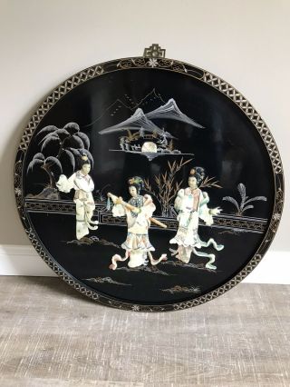 Vintage Asian Wall Art Round Black Lacquer Mother Of Pearl Geisha 30 " Diameter