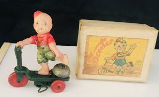 Vintage 1940s Occupied Japan Celluloid Boy On Tin Scooter Alps Wind Up Toy Mib