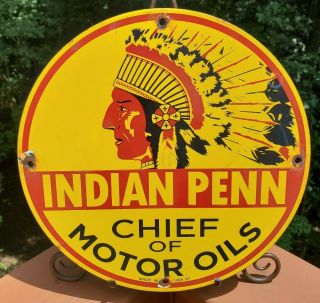 Vintage Dated Indian Penn Chief Motor Oils Porcelain Gas Pump Sign