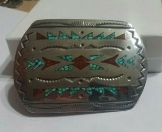Vintage Native American Sterling Silver Turquoise Coral Inlay Belt Buckle
