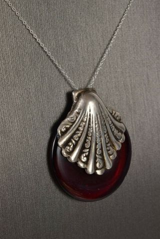 18 " Vtg Necklace & Pendant Art Nouveau Fan Red Glass & Sterling Silver 925 7.  5g