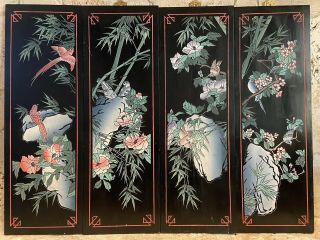 Vintage Asian Carved Wood Wall Art Panels Set Of 4 Birds Flowers