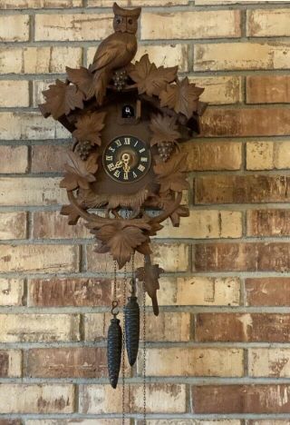 Vintage Wooden Cuckoo Clock Swinging Pendulum - Made In Germany