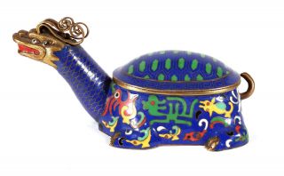 Vintage Chinese Blue Cloisonne Enamel Box Lidded Jar Bixi Turtle Dragon China