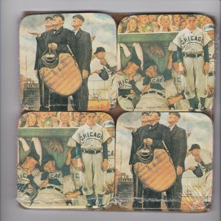 Set Of 4 Norman Rockwell Baseball Themed Beer Coasters Package