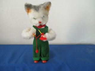 Vintage Tin Windup Cat With Overalls Knitting M14 W.  Germany 1950 