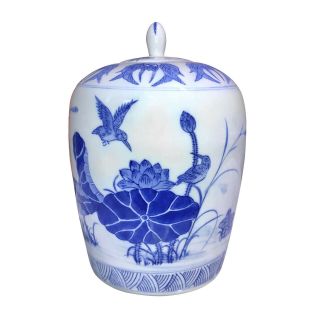 Vintage Chinese Blue & White Porcelain Floral Bird Motif Ginger Jar