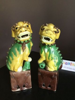 Chinese Foo Dog Guardian Lion Ceramic Statue Pair Green Yellow Brown Glazed 8”